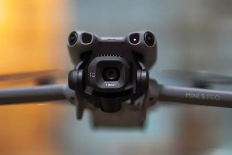 Tampilan dekat yang mendetail dari lensa kamera dan baling-baling drone, yang menampilkan teknologi canggih.