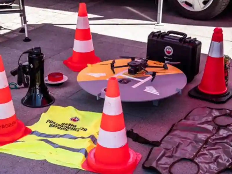Drone, rompi keselamatan, dan kerucut lalu lintas di lokasi konstruksi, memamerkan peralatan keselamatan dan manajemen modern.