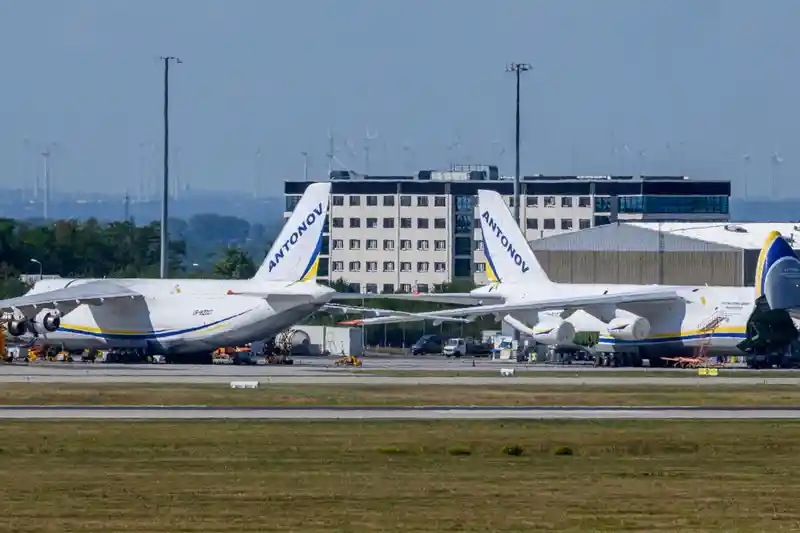 Ukrainian Antonov cargo aircraft parked on the apron at Leipzig/Halle Airport in Schkeuditz, Germany